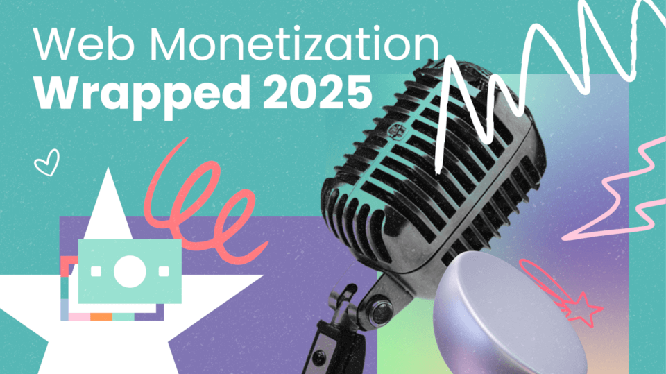 Banner “Web Monetization Wrapped 2025” sobre un fondo colorido con un micrófono.