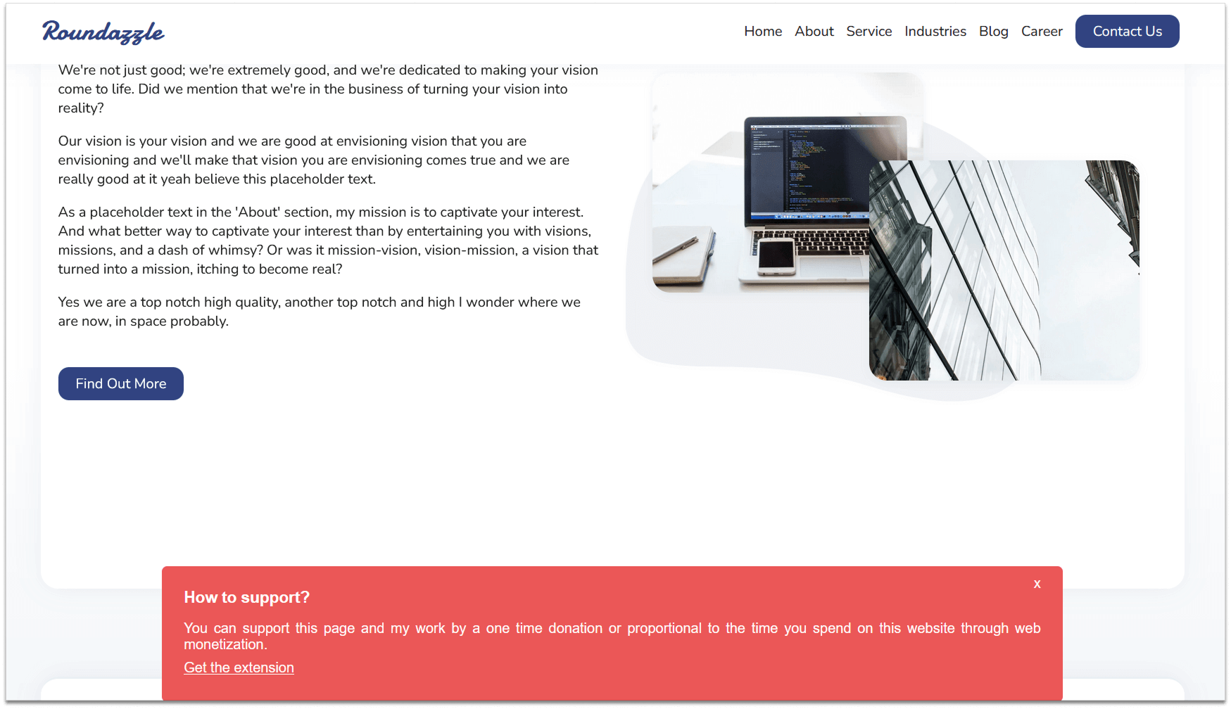 Ejemplo del aspecto del banner de la extensión Web Monetization en un sitio web.