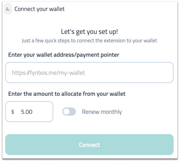 Captura de pantalla que muestra un paso de configuración para la extensión Web Monetization.