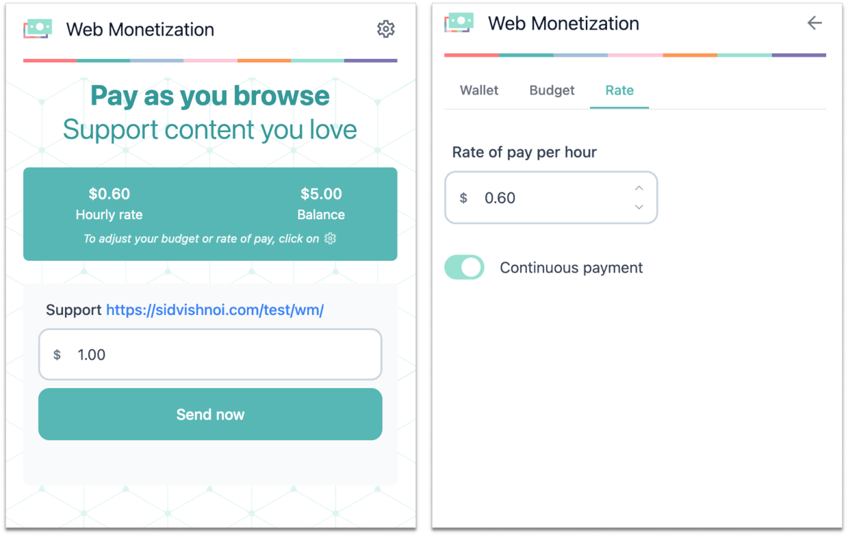 Captura de pantalla que muestra cómo editar la configuración de la tarifa por hora de la extensión Web Monetization y enviar un pago único.