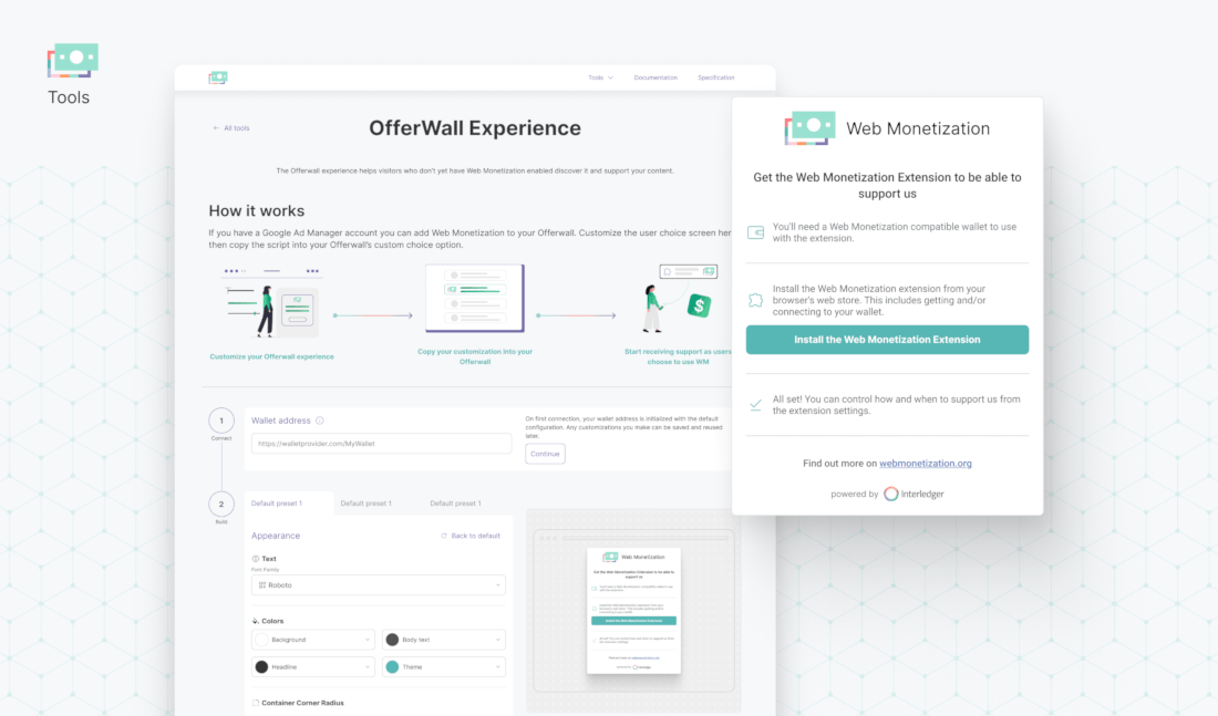 Capturas de pantalla que muestran la opción de Web Monetization integrada en Google Offerwall