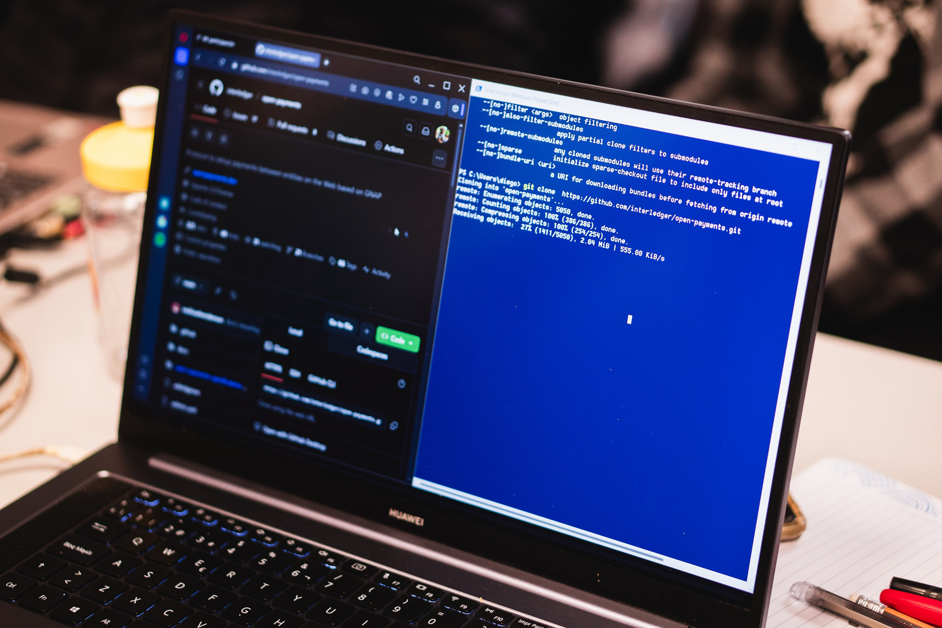 A laptop showing the Open Payments GitHub repository next to a terminal cloning the project.